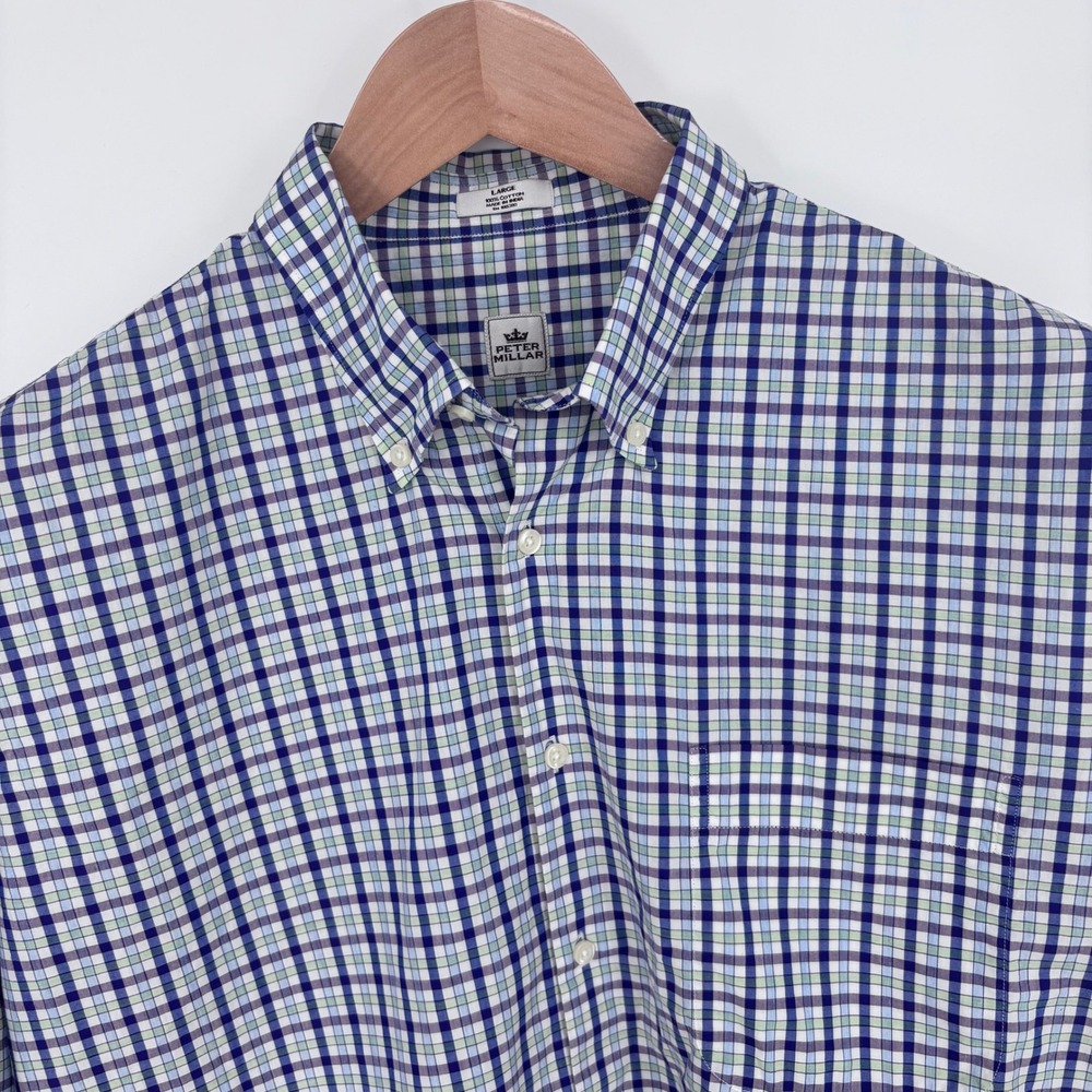 Peter Millar Button Down Shirt Mens L Blue Green Plaid 100% Cotton Preppy - Picture 1 of 8